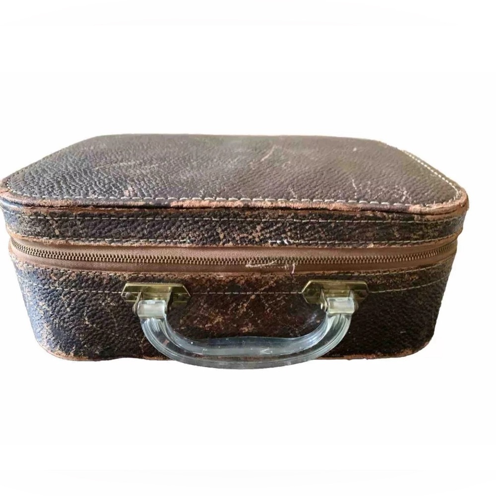 Vintage Cosmetics Case Brown Leather with Clear Handle, Fair Condition